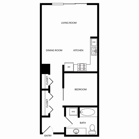 Floor plan for 1 bed, 1 bath, 621 sqft